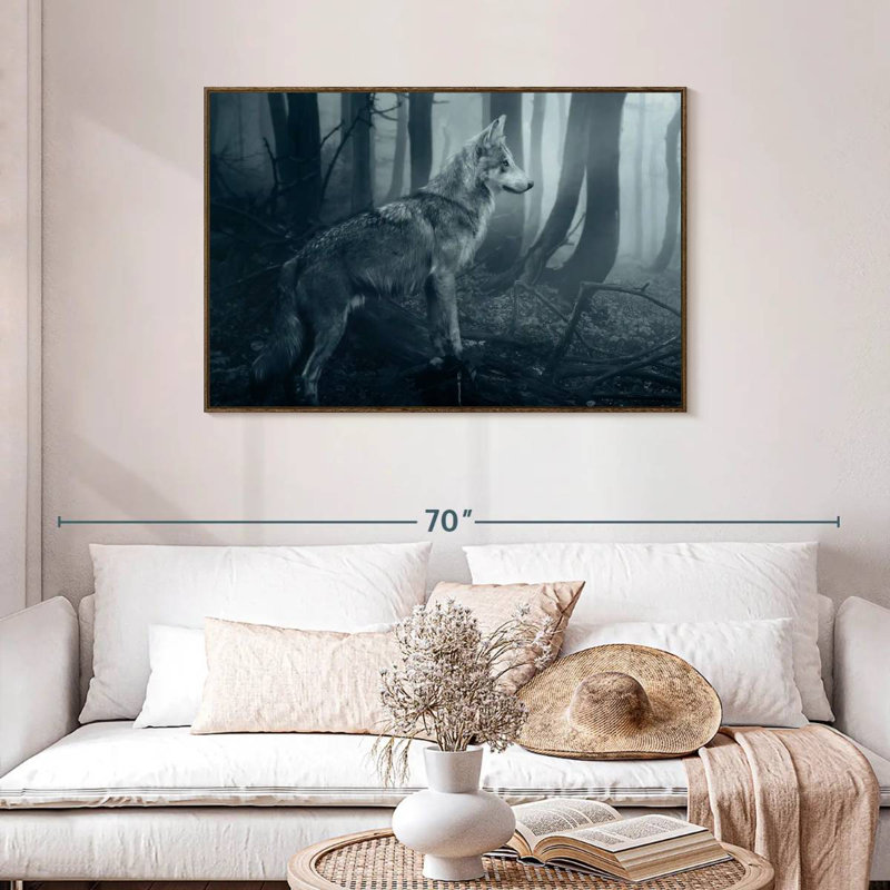 Loup gris, 43 po x 29 po, Cadre flottant noyer