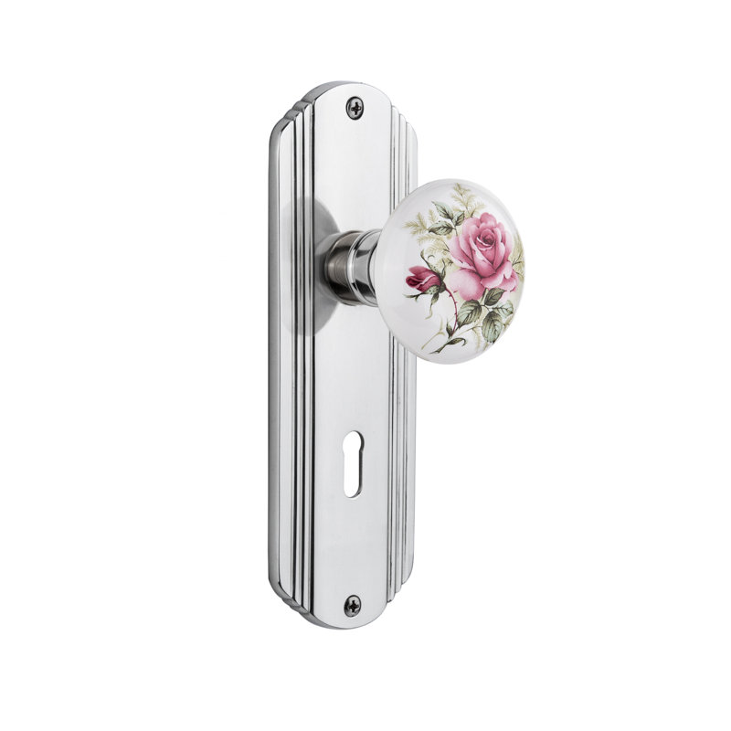 Plaque décorative avec trou de serrure décoratif et bouton de porte en porcelaine rose blanche, 2 3/4 po, Chrome brillant