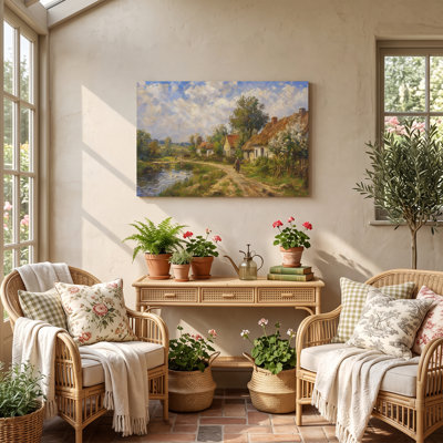Multicolor Canvas Landscape Painting, Painterly Country Path and Houses Wall Art for Living Room Dining Room and Bedroom
