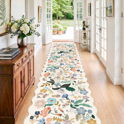 Washable 3x12 Hallway Runner Rug: Soft Floral Scalloped Runners for Entryway Kitchen Nursery Non Slip Bathroom Laundry Floor Mat Water Resistant Light Weight Carpet for Living Room Bedroom(3x12,Cream)