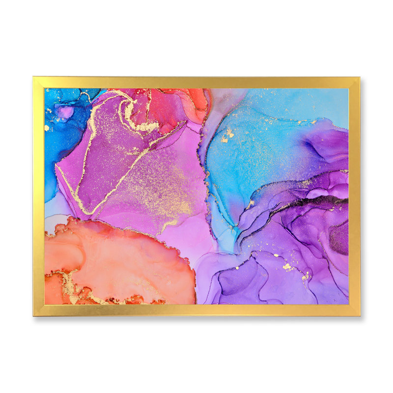 Mauve et bleu abstrait luxueux fluide - Peinture sur toile, H 34 po x l 44 po, Cadre doré à coins fermés