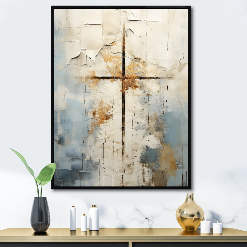 Art mural croix de Christianisme beige de Jessus II, H 32 po x l 16 po, Cadre flottant doré, Noir
