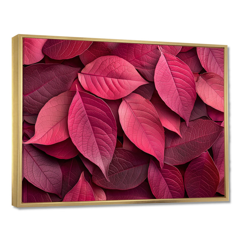 «Crimson Leaves Dancing Rose III» - feuilles, art mural, H 12 po x l 20 po, Floater Framed, Doré