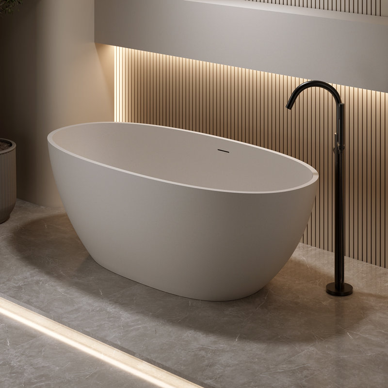 Freestanding Soaking Bathtub 59", Solid Surface Stone Resin, Oval Matte Modern W/overflow & Pop-up Drain, Beige