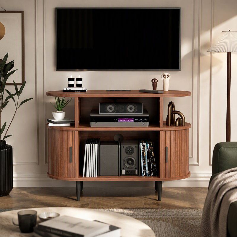 Grand support de tourne-disque rond avec station de charge et ports USB, armoire de rangement de disques, support de table tournante moderne Mid-Century pour le salon de la chambre à coucher