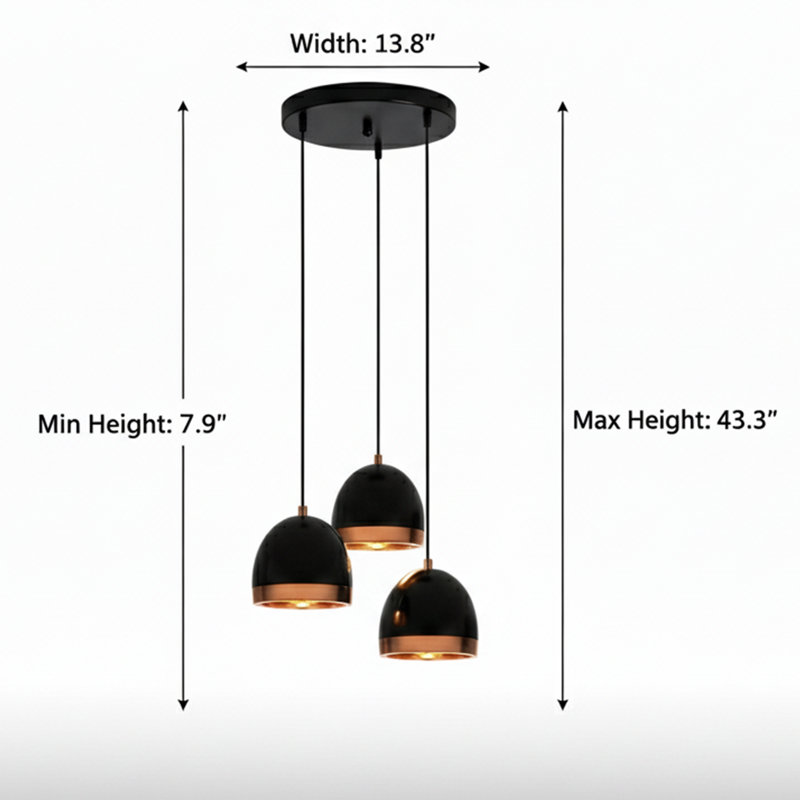 Modern 3-Light  Dome Cluster Pendant Light – Adjustable Height, Black, Black/Gold