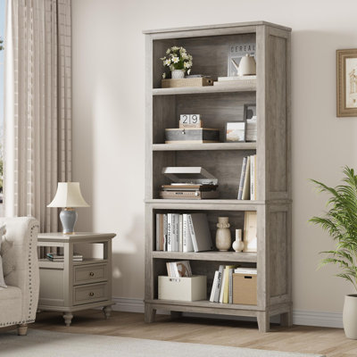 71" Bookcase with Adjustable Shelves, 5 Tier Tall Bookshelf with Wooden Legs, Rustic Vintage Bookcase for Living Room Office Library, White