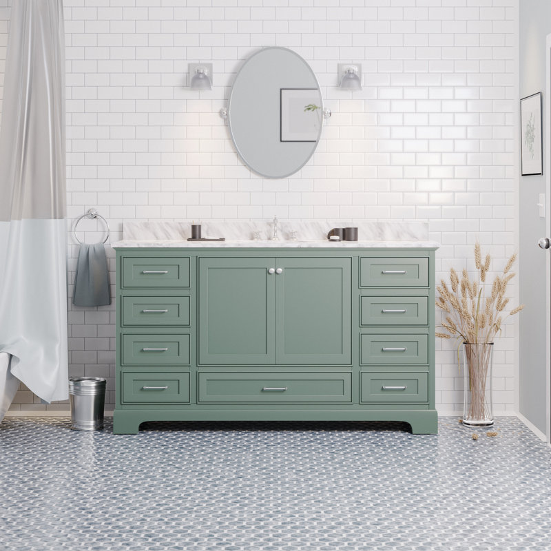 Ensemble de meuble-lavabo simple 60 po Larosa, Vert sauge, Marbre de Carrare