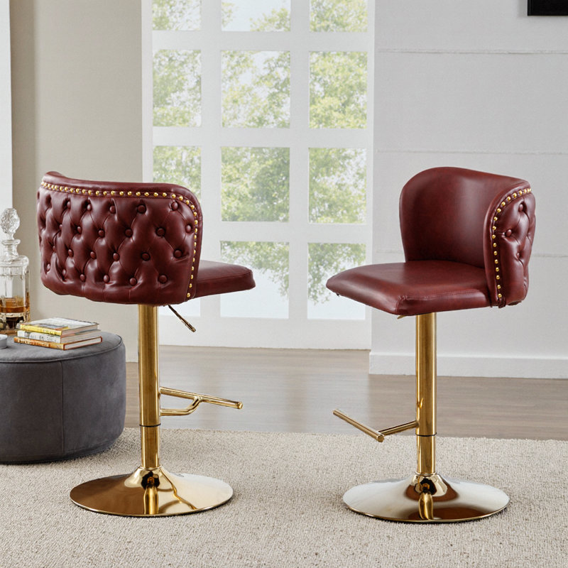 Furniture Set of 2 Modern Swivel Bar Stools, Adjustable Height PU Upholstered Tufted Back Stool for Kitchen Island Home Pub, Black