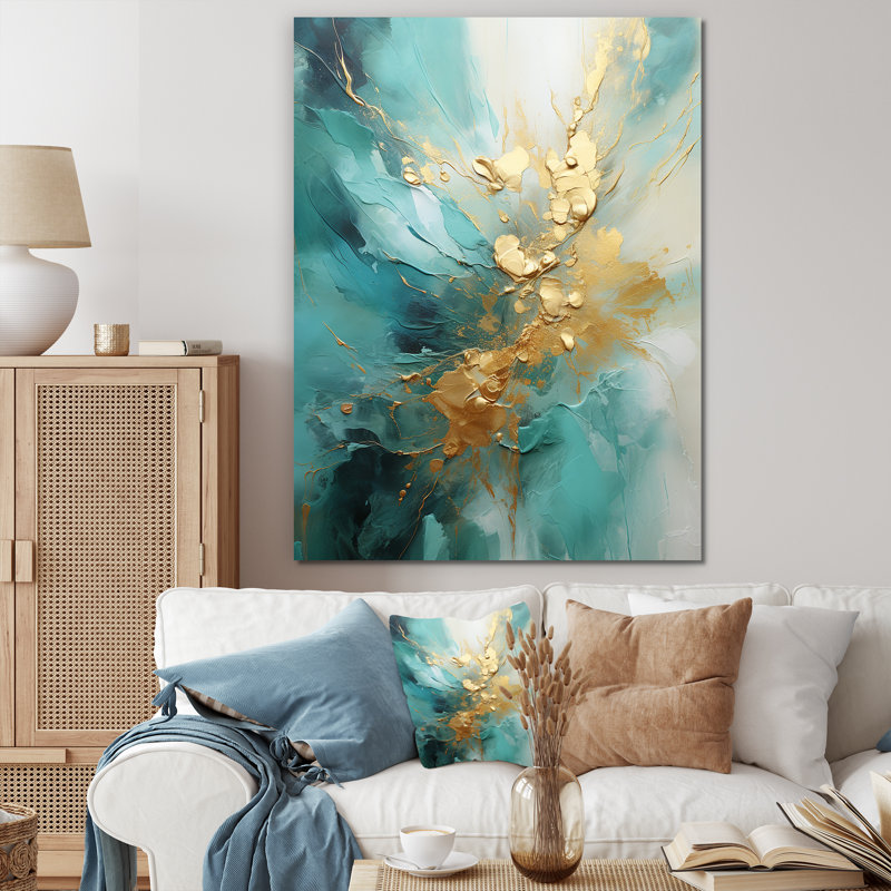 Or et sarcelle aurore harmonie II - spirales abstraites grand art mural, H 20 po x l 12 po x P 1 po, Toile tendue