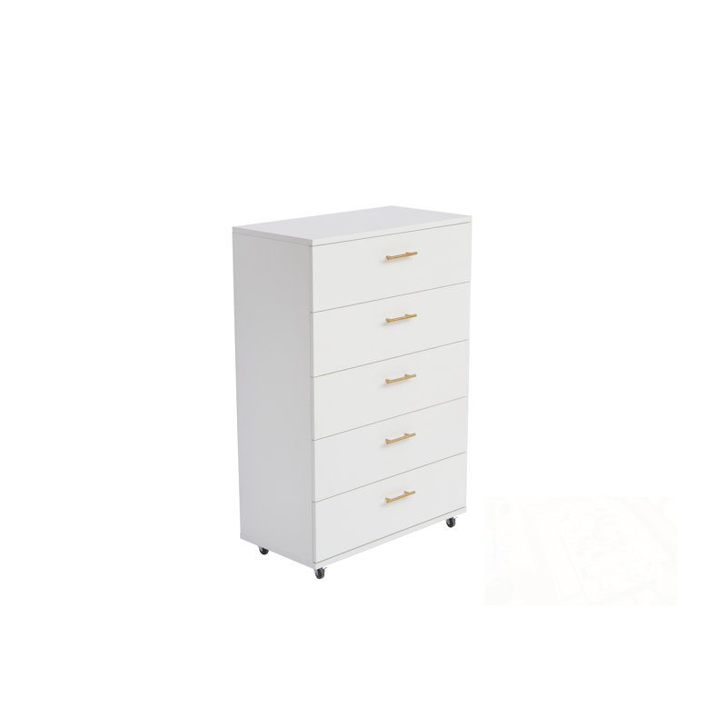Commodes décoratives avec 5 tiroirs, poignées et roulettes en métal