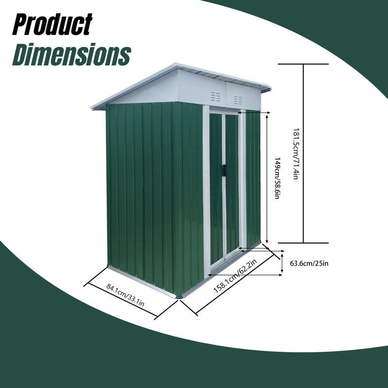 Outdoor Garden Shed 5Ftx3Ft, Pent Roof, Tool & Equipment Storage, Green, Green, 71.4" H x 62.2" W x 33.1" D
