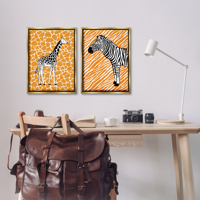 «Jungle Animals on Orange», ensemble de 2 toiles flottantes encadrées dorées par Martina Pavlova, H 25 po x l 17 po