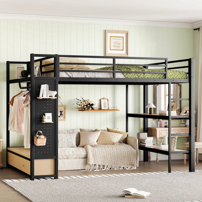 Structure de lit mezzanine avec garde-robe, lit mezzanine en métal avec tablettes de rangement et panneau perforé