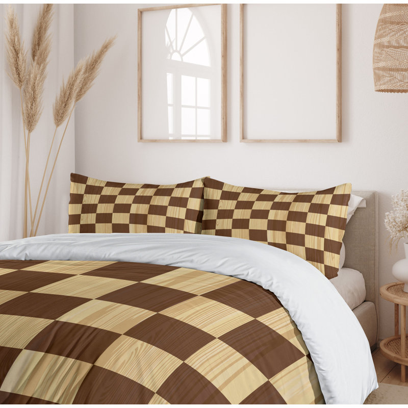 California King Brown Checkered Duvet Cover Set with Pillow Shams