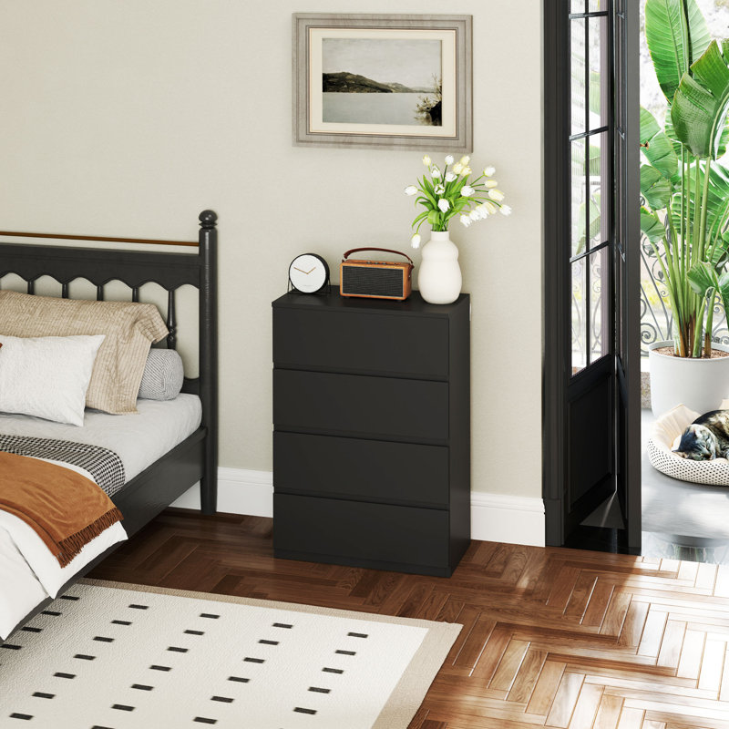 Commode de chambre à coucher, commode à 4 tiroirs pour chambre à coucher, Noir, noir, noir, noir