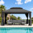 Outdoor Patio Metal Frame Gray Wood Grain Resin Roof Gazebo with Privacy Curtain Mosquito Netting-121781435-118232583