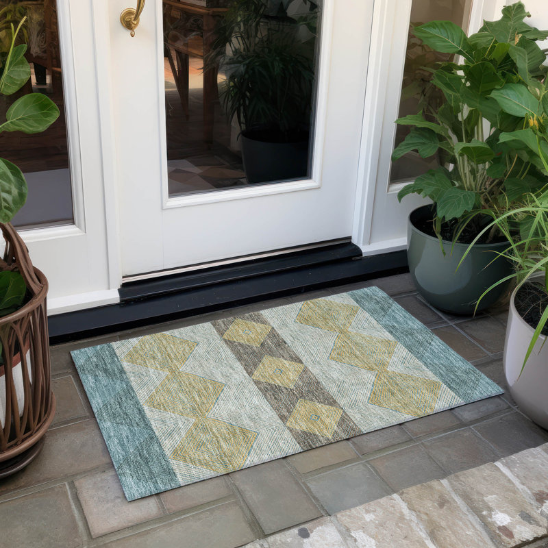 Tapis géométrique intérieur / extérieur lavable à la machine Chantille ACN2545, Sarcelle, 1 pi 8 po x 2 pi 6 po