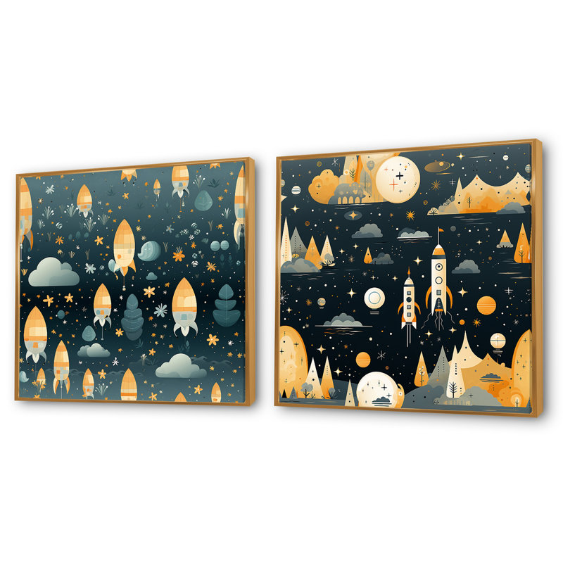 Fusée spatiale pour chambre d'enfant - ensemble de 2 collages carrés pour enfants, Cadre flottant doré, H 30 po x l 61 po