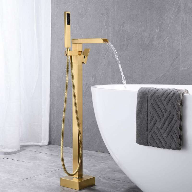 Robinet de baignoire moderne pour salle de bain - Fixation au sol, finition dorée brossée avec douche à main et robinet de cascade pour utilisateur - pratique pour une baignade efficace