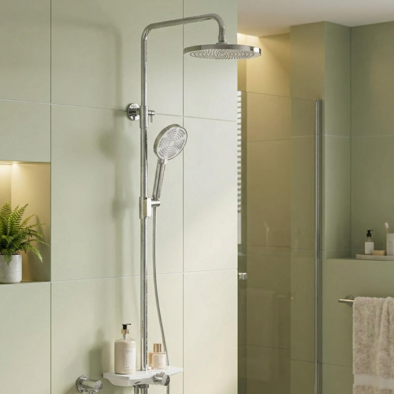 Quality Shower Riser Rail Kit with Shelf – 10" Round Rainfall Overhead Shower – 3+1 Function Handheld Shower & Spray Tool – Adjustable Wall Mount – Anti-Leak Hose– 250mm round overhead spray