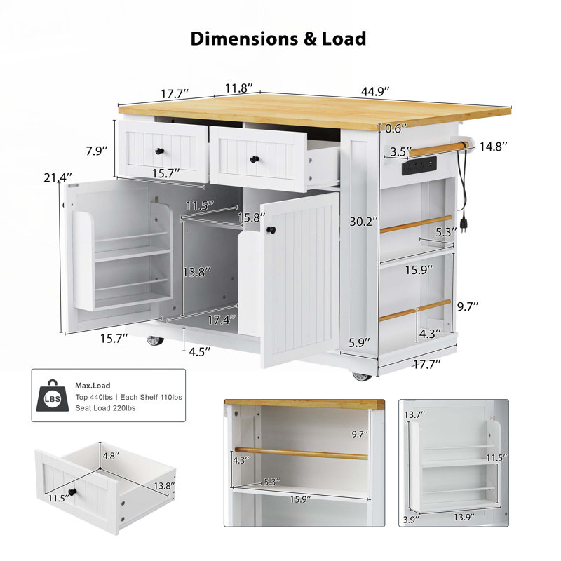 Îlot de cuisine avec 5 tablettes latérales de rangement, Blanc