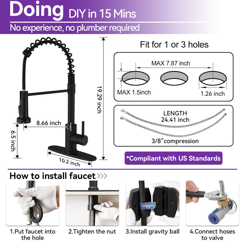 Single-Handle Pull-Down Sprayer High Arc Kitchen Faucet With Deck Plate, Matte Black