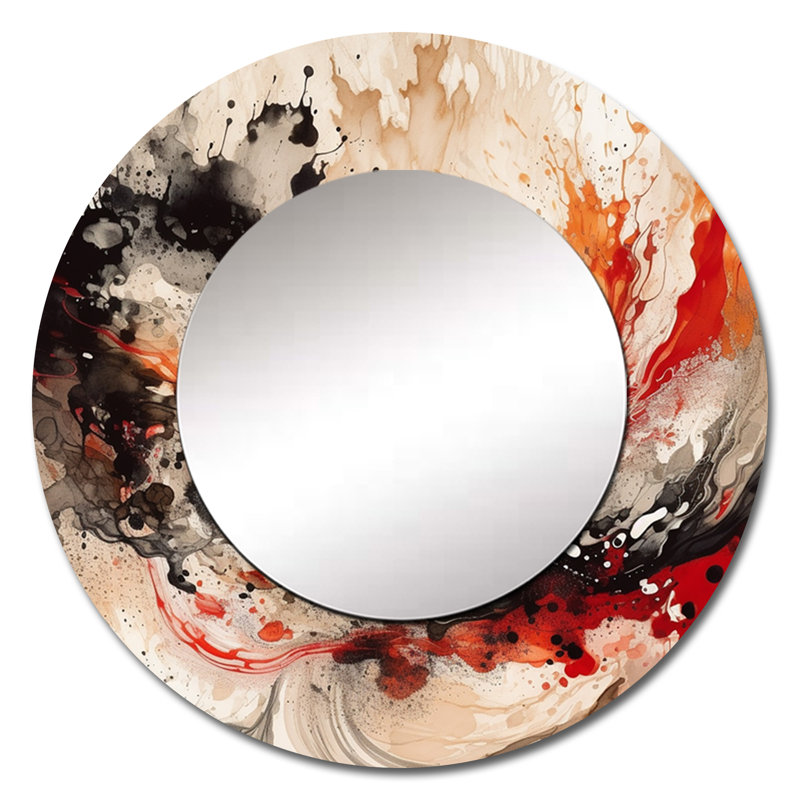 Agate rouge rouge et noire II - miroir mural décoratif abstrait, miroir rond rouge, impression d'art en métal, 29 po x 29 po