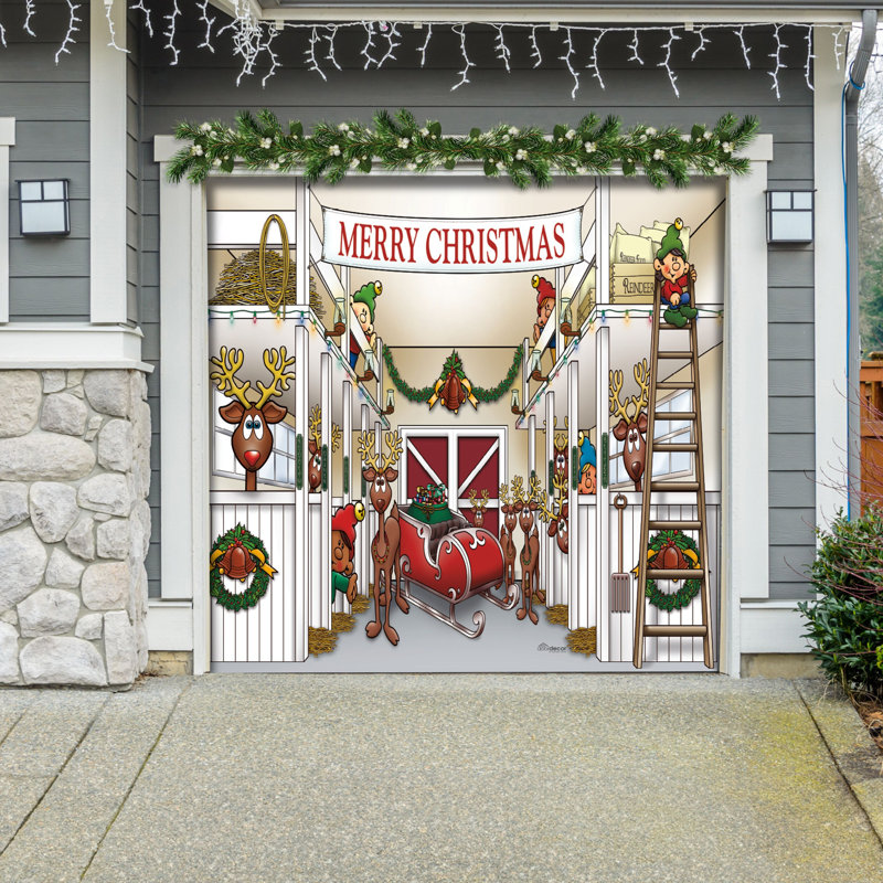 Bannière de porte de garage Cozy Reindeer Barn 7 pi x 8 pi - décorations des Fêtes pour l'extérieur
