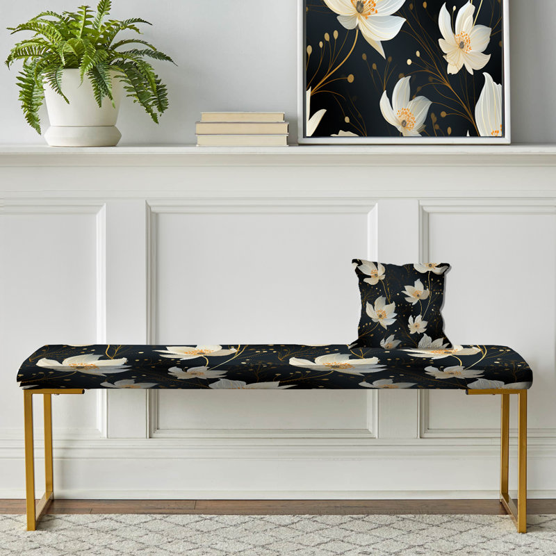 Banc floral rembourré or, Motif floral noir / ivoire élégant