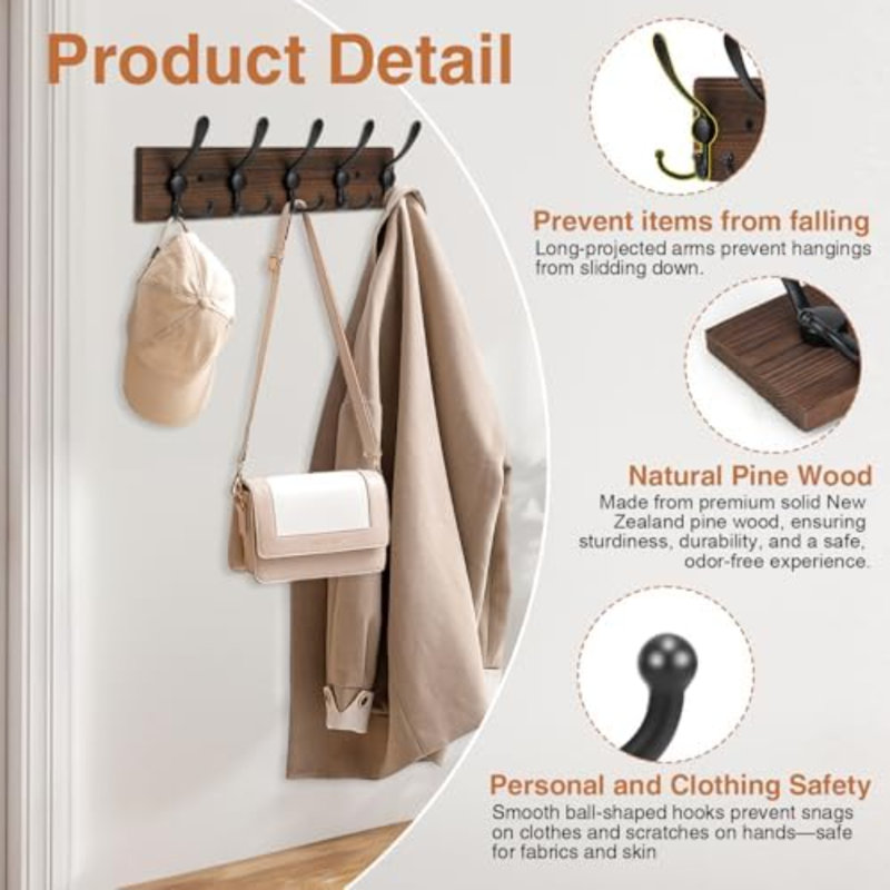Porte-manteau mural en bois robuste, ensemble de 2 supports muraux avec 5 crochets triples pour vêtements, vestes, chapeaux, clés, organisateur d'entrée peu encombrant pour vestiaire (plaque brune et crochets noirs)