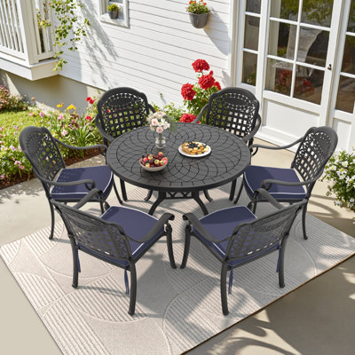 6-Piece Cast Aluminum Round Outdoor Dining Set with Blue Cushions