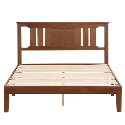 HarborCraft Solid Pine Wood Platform Bed Frame with Headboard - Walnut Finish