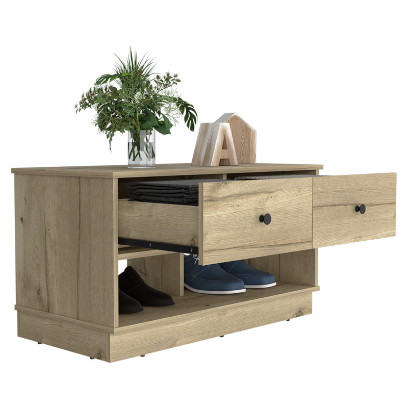 Hamilton Nightstand and Shoe Rack with Two Drawers and Two Open Shoe Storage, Light Oak, Beige