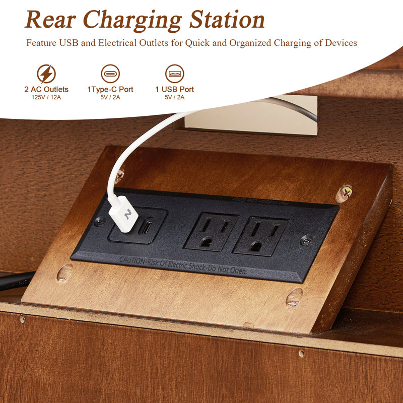 Nightstand with Charging Station, 2 Drawer Bedside Table with Open Shelf, Walnut