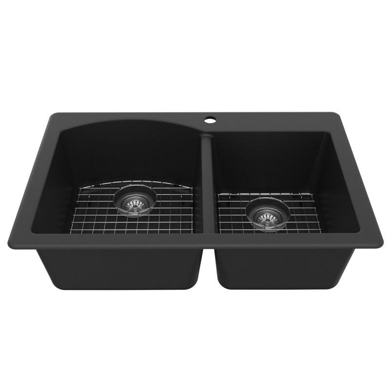 Ensemble d'évier de cuisine à double cuve à montage sur le dessus 60/40 Karran Quartz 33 "X 22", Noir