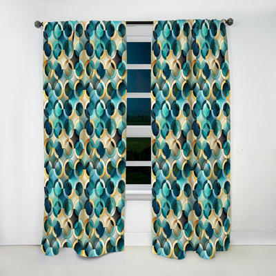 Teal And Golden Modern Geometric Tiles - Abstract Geometric Room Darkening Curtain - 1 Panels