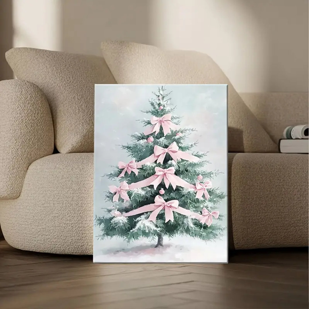 90*60,2D Flat 1Pc Elegant Historical Canvas Poster With Wooden Frame A Christmas Tree Adorned With Pink Bows Modern Style Decorative Poster For Modern