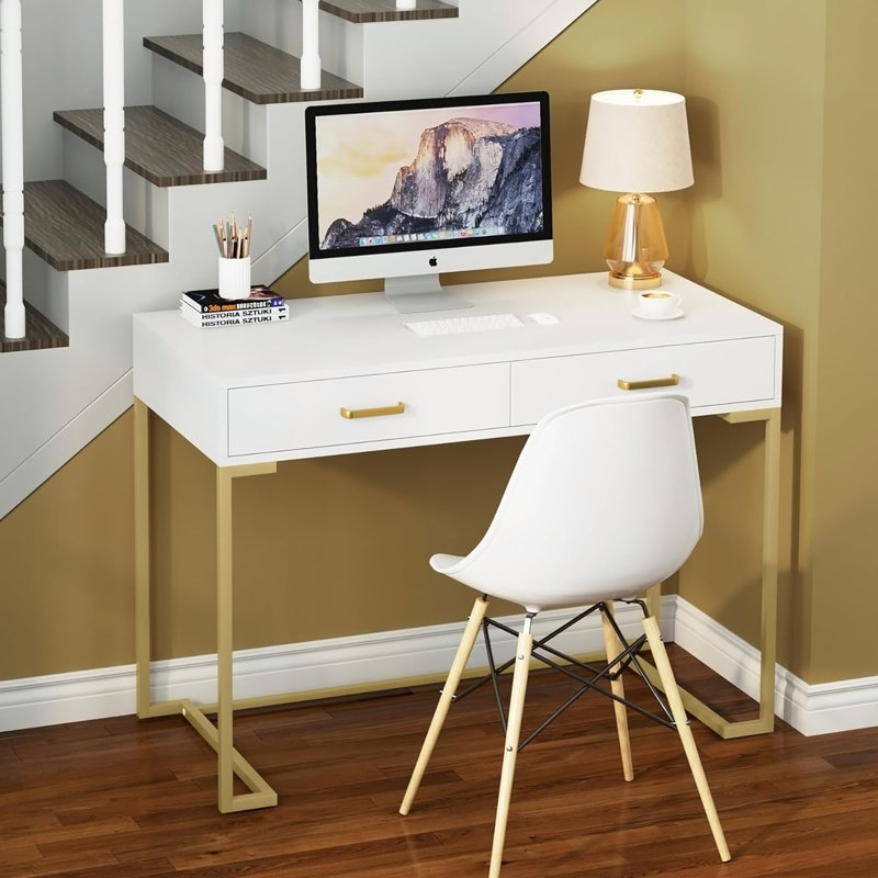 Bureau d'ordinateur 40 po blanc et doré avec 2 tiroirs, bureau à domicile moderne, table d'écriture compacte, bureau de coiffeuse pour petits espaces, structure en métal, style minimaliste