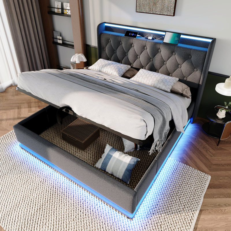 Lit double tapissier pleine grandeur, fonction DEL à 360 degrés, boutons / applications / télécommande, lit de rangement hydraulique avec charge USB Type-C, gris, lin
