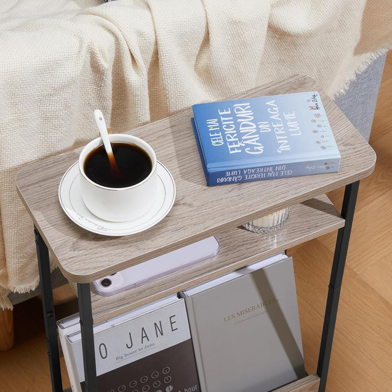 Side Table,3-Tier Slim End Table With Storage Shelf,Modern Sofa Table Thin Side Table For Narrow And Small Spaces, Skinny Bedside Table Small Nightstand With Magazine Rack Space Saving/Oak