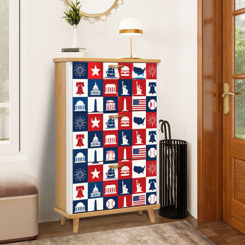Shoe Storage Cabinet with 3 Flip Drawers for American Patriotic Stars Stripes Fireworks Landmarks Baseballs Burgers Shoe Rack Storage Organizer