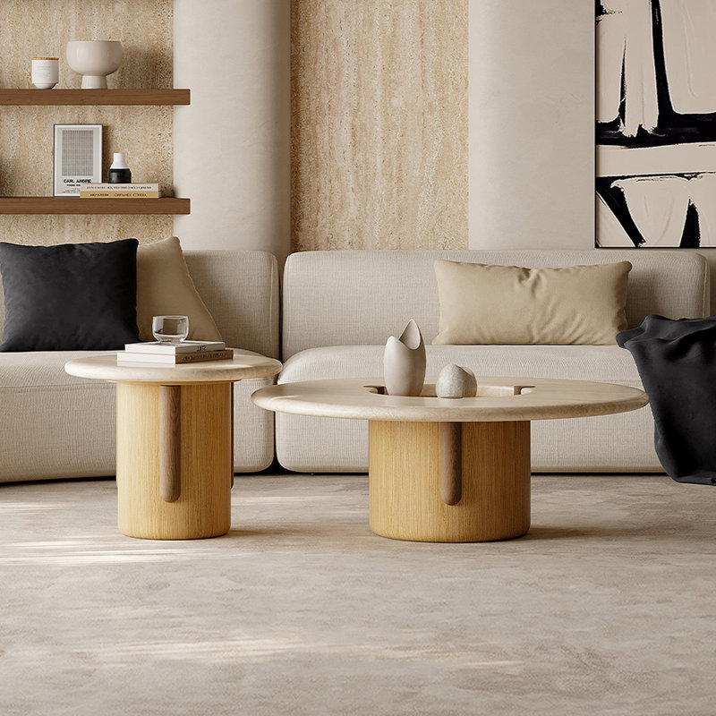 Compact Marble Coffee Table with Wood Legs