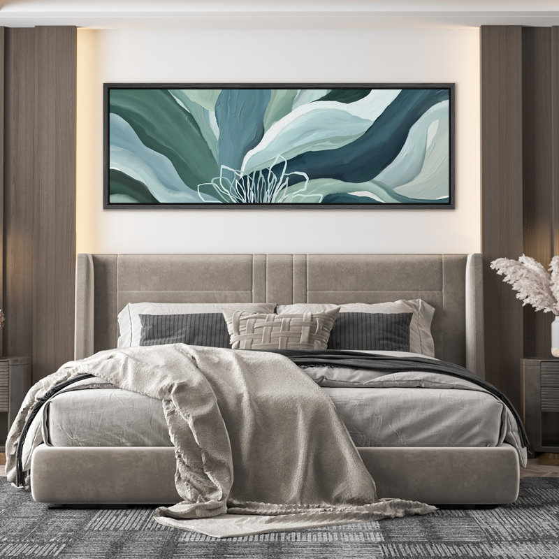 Abstract Blue Botanical Flower Art Minimalist Modern Boho Wall Art Horizontal Art Decor, 20" H x 60" W, Black