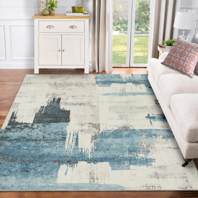 Washable Abstract Area Rug, Soft Low Pile Non-Shedding Polyester Floor Rug with TPR Backing, Mark-Resistant for Living Room, Bedroom & Office, Beige Blue