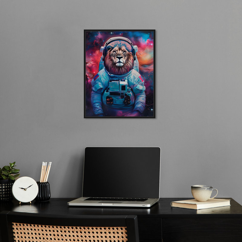 «Astronaut Lion Astronaut Wall Art» par Notoriart, Cadre noir, H 21 po x l 17 po