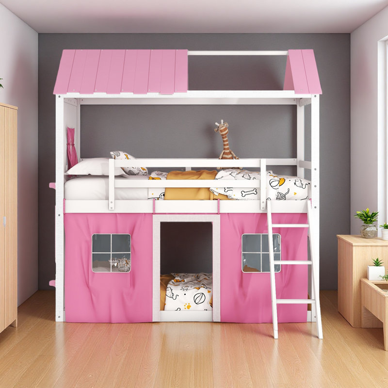 Bunk Wood House Bed With Elegant Windows, Sills And Tent