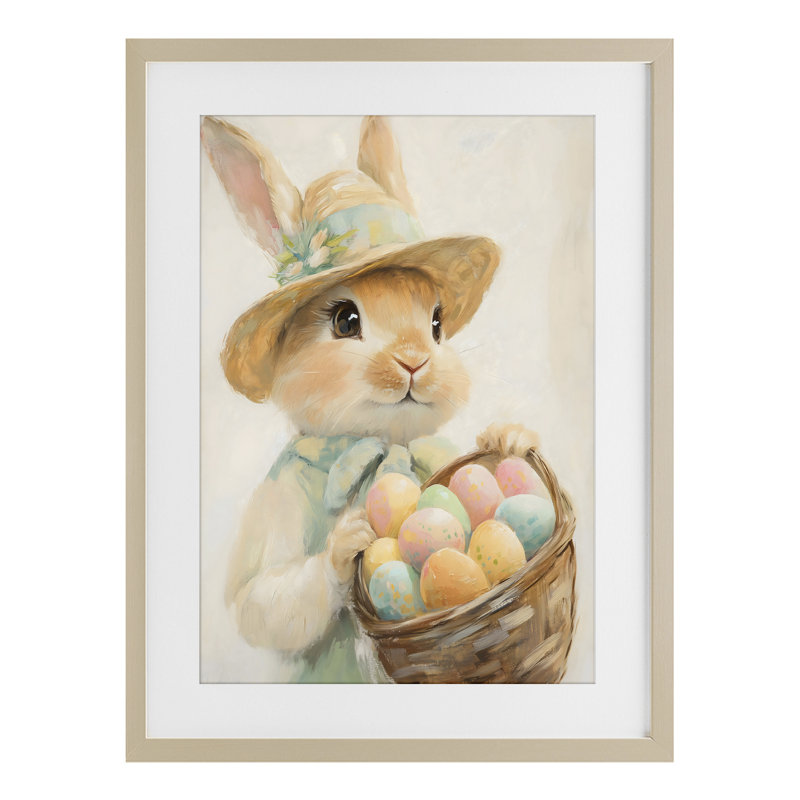 Easter Egg Basket Rabbit Framed Print Under Glass, design by The Prints Vibe, 23 x 17, Harvest Pine Under Glass Framed