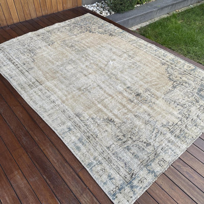 Grand tapis turc noué à la main élégant en brun délavé pour un look de salon luxueux en laine de haute qualité