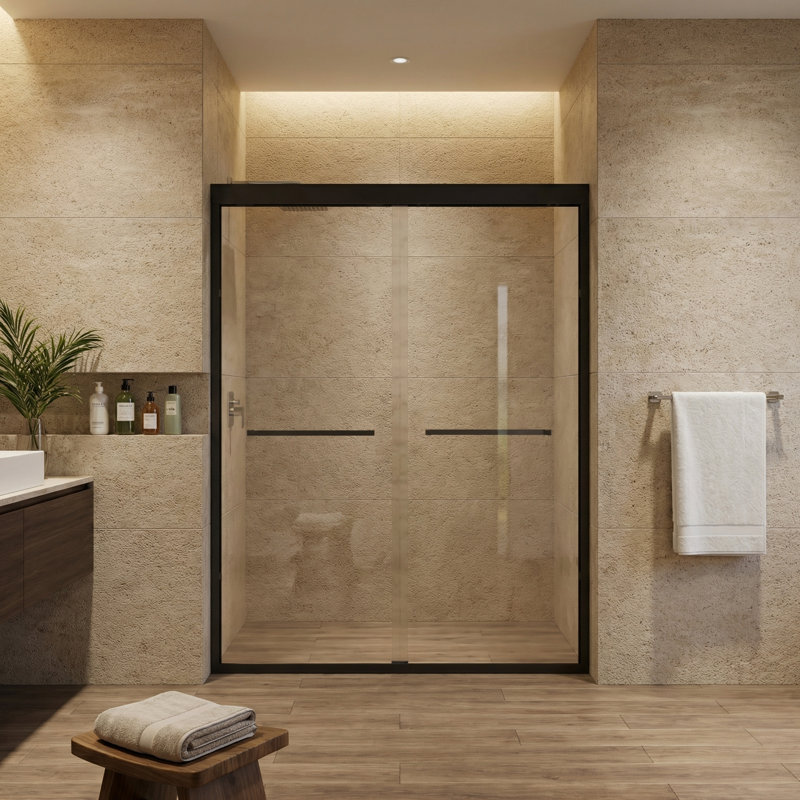 50-54W*70 H Semi-Frameless Double Sliding Shower Door, Bypass Shower Door, 1/4 (6Mm) Thick SGCC Tempered Glass Door, Matte Black
